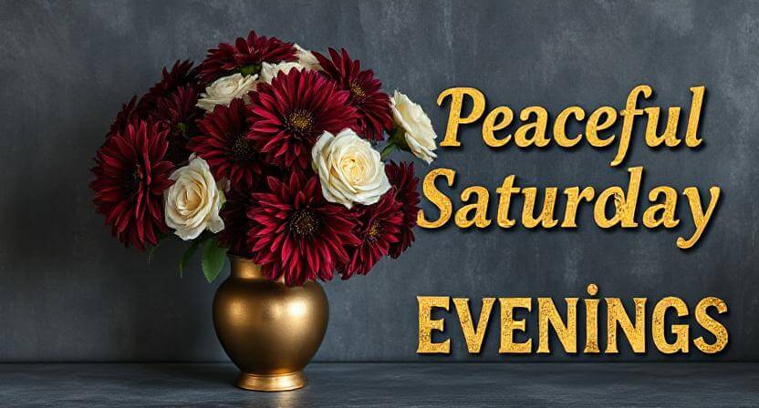 A dark academia style image with burgundy and ivory flowers in a brass vase, featuring the text "Peaceful Saturday Evenings," used in an article about sending good evening Saturday messages and blessings to family.