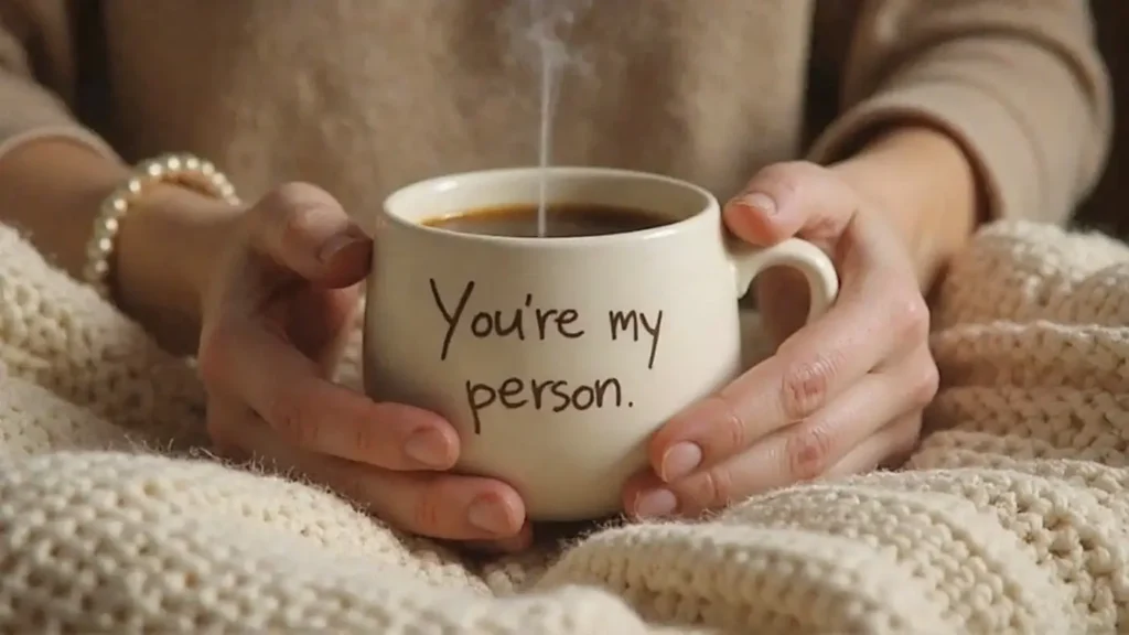 Hands holding a warm coffee mug with the deep love quote "You're my person" on it, symbolizing a special and personal message for a partner.