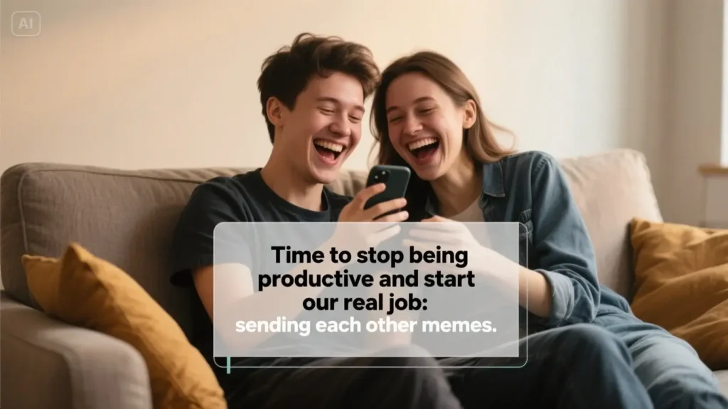 Image of friends laughing with a funny good evening message for a friend that says, 'Time to stop being productive and start our real job: sending each other memes.'