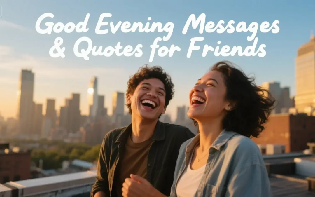 Two friends laughing together on a rooftop at sunset, with the text 'Good Evening Messages & Quotes for Friends' written on the image for an article about friendship.