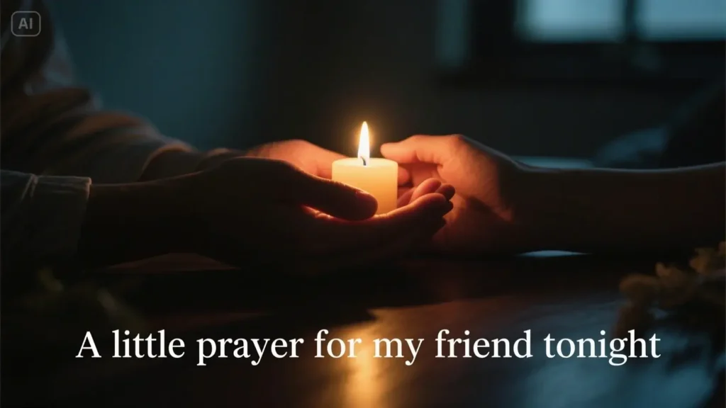 Hands holding a candle with the text 'A little prayer for my friend tonight', symbolizing a good evening prayer or blessing for a friend.