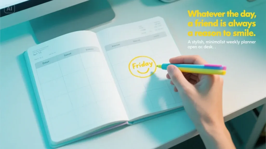A weekly planner with the text 'Whatever the day, a friend is always a reason to smile', for a section about sending good evening wishes for friends on different days of the week.