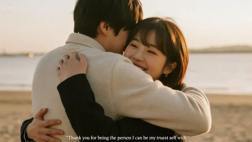 A friend gives another a comforting hug, with the heart-touching message 'Thank you for being the person I can be my truest self with' on the image.