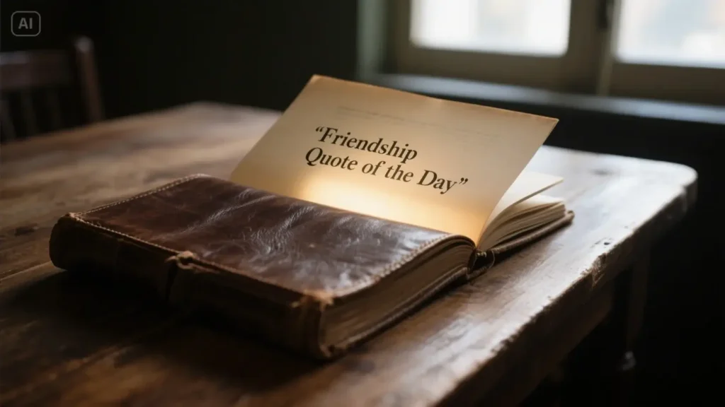 An open book on a table with the title 'Friendship Quote of the Day' written on the image, representing a section on inspirational friendship quotes.