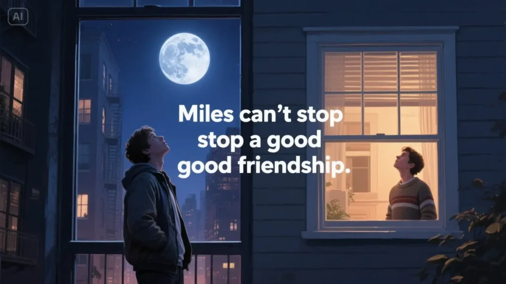 A split-screen image for a long-distance friend with the message 'Miles can't stop a good friendship' connecting two people looking at the same moon.
