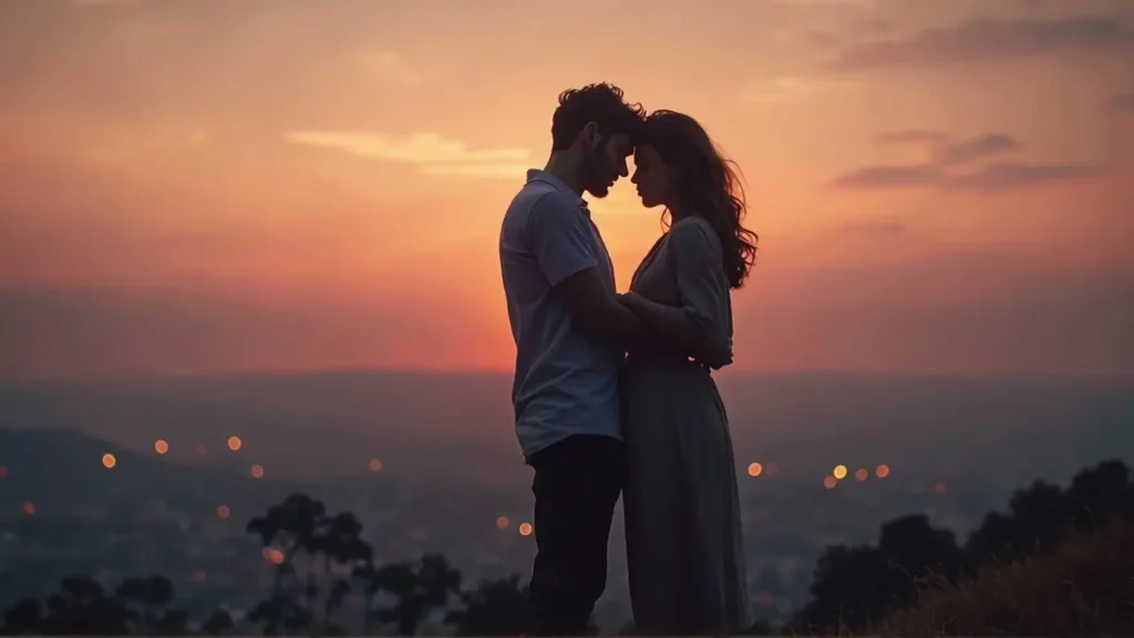 Silhouette of a couple sharing a romantic moment on a hill at sunset, representing a deep and epic love message for her.