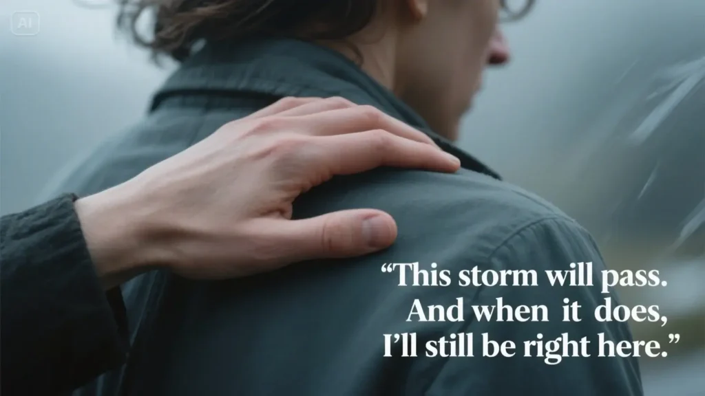A supportive hand on a friend's shoulder, with the message 'This storm will pass. And when it does, I'll still be right here' for a friend in a tough time.