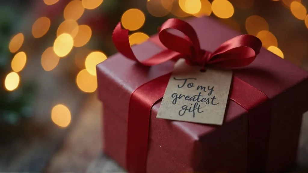 A beautifully wrapped gift with a tag that reads "To my greatest gift," for an article on special occasion love messages for her.