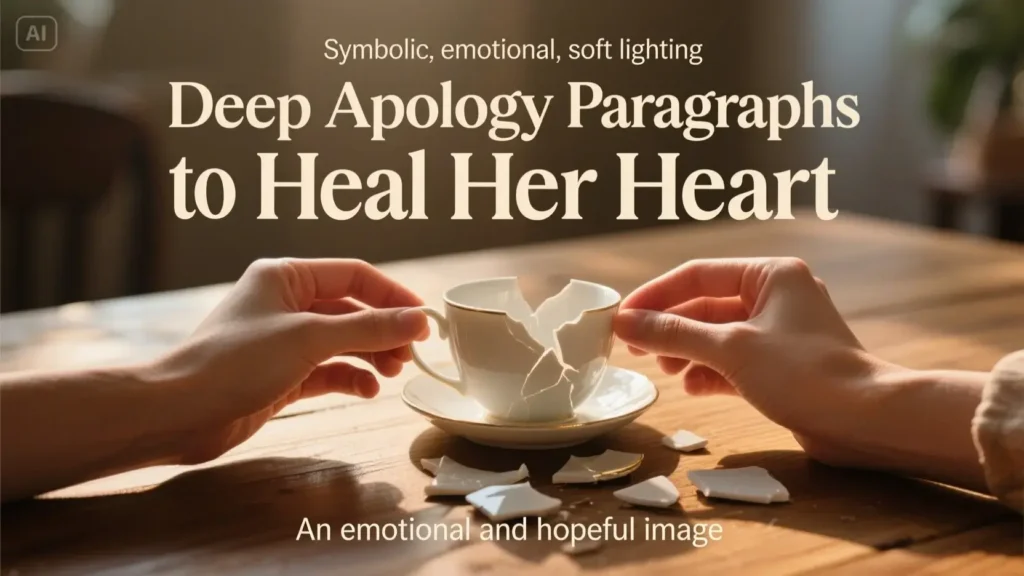 Two hands repairing a broken teacup, with the text "Deep Apology Paragraphs to Heal Her Heart," symbolizing healing and reconnecting in a relationship.