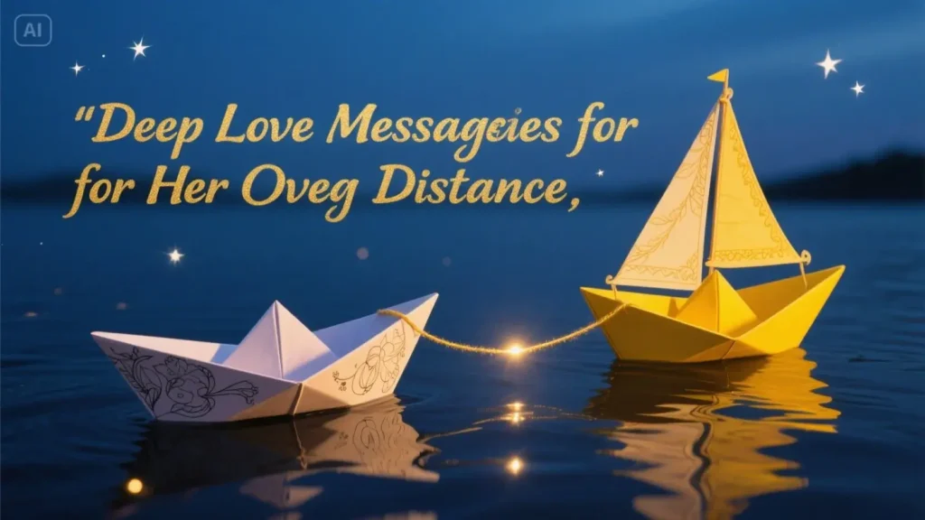 Two paper boats connected by a glowing string under a starry sky, with the text "Deep Love Messages for Her Over Long Distance," symbolizing connection.