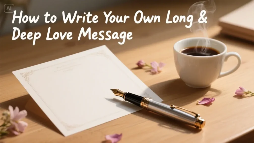 A flat lay of writing supplies (card, pen, coffee) with the text "How to Write Your Own Long & Deep Love Message," for a guide on writing love messages