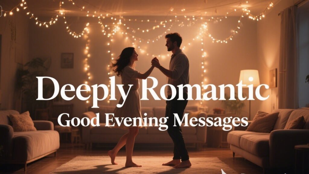  A couple slow dancing, illuminated by fairy lights, with the text "Deeply Romantic Good Evening Messages" for an article on romance.
