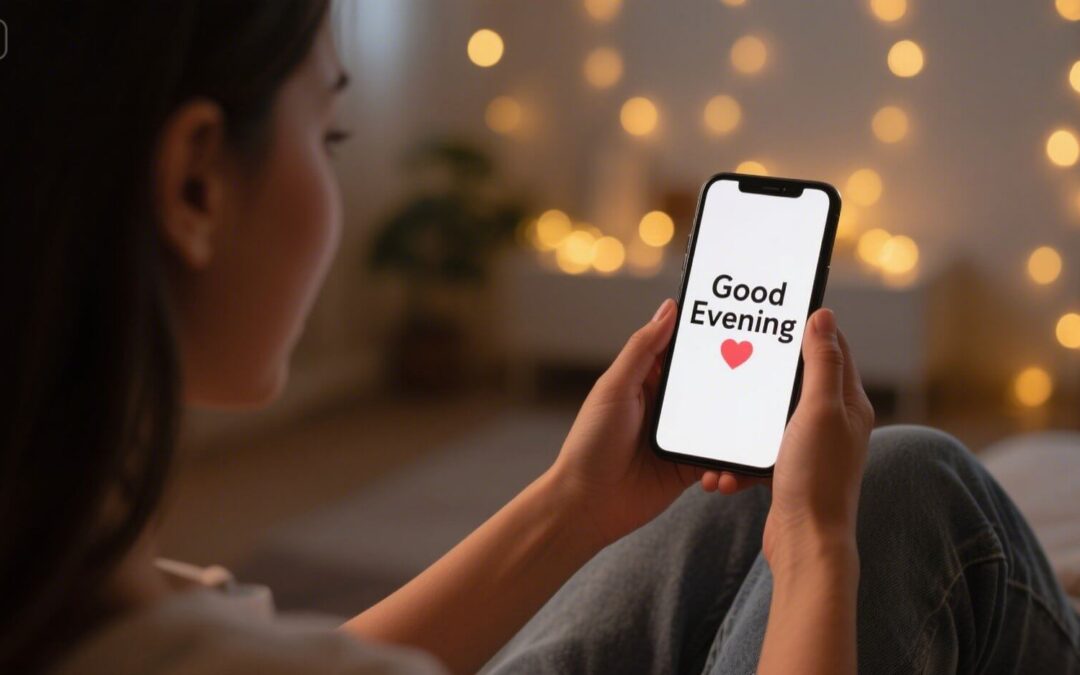 A woman's hand holding a glowing smartphone displaying a short and sweet good evening message for her girlfriend.