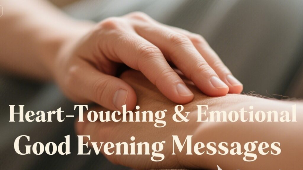 Two hands holding a warm teacup, with the text "Heart-Touching & Emotional Good Evening Messages," symbolizing comfort and deep love.