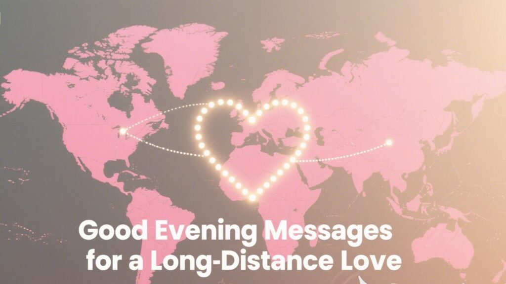 A map showing two locations connected by a glowing line, with the text "Good Evening Messages for a Long-Distance Love."