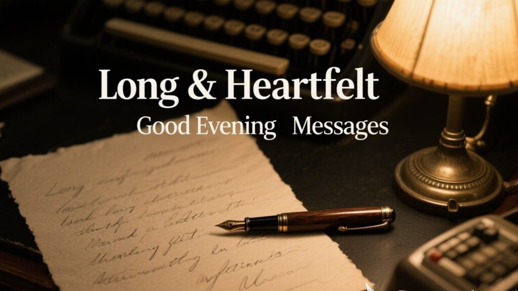 A fountain pen on a letter with the text "Long & Heartfelt Good Evening Messages," representing sending a detailed love note.