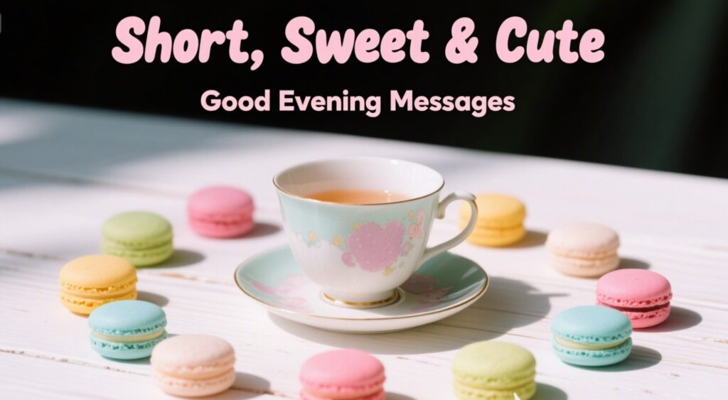 A flat lay of colorful macarons with the text "Short, Sweet & Cute Good Evening Messages," representing a sweet and playful evening love note.